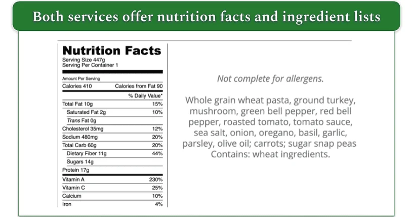 a screenshot of diet-to-go's nutrition and ingredients list labels