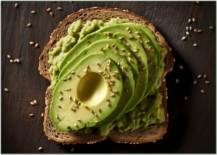 Sliced avocado on toast with seeds