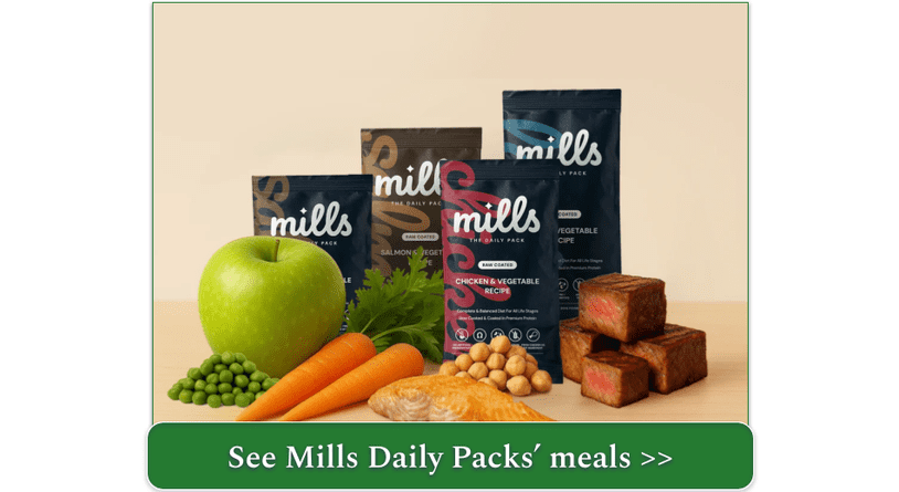 Selection of Mills Daily Packs in different sizes surrounded by fresh ingredients