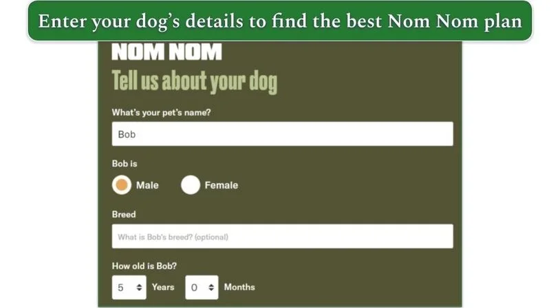 Screenshot of the first step of Nom Nom's questionnaire