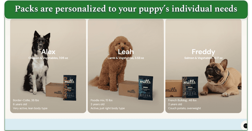 Screenshot from Mills website of 3 different dog breeds next to different size Mills packs with their basic details