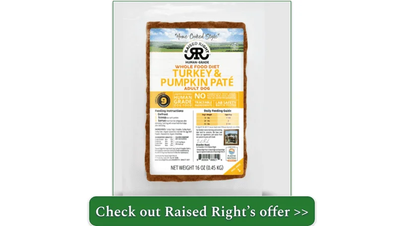 Screenshot of Raised Right's Turkey & Pumpkin Paté recipe for Adult Dogs