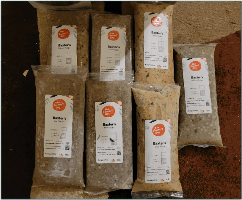 The Farmer’s Dog packaged meals labeled with Baxter’s name