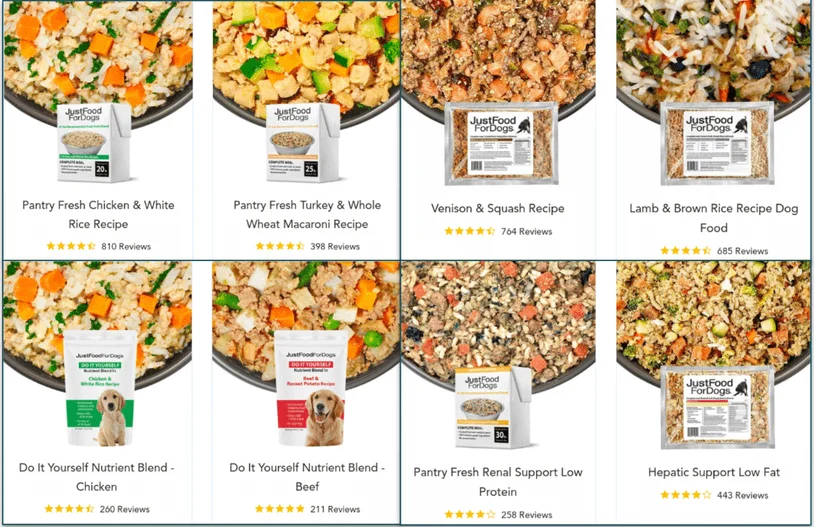 A collage showing the different types of food from JFFD: Pantry Fresh, Fresh Frozen, DIY Homemade, and Vet Support meals
