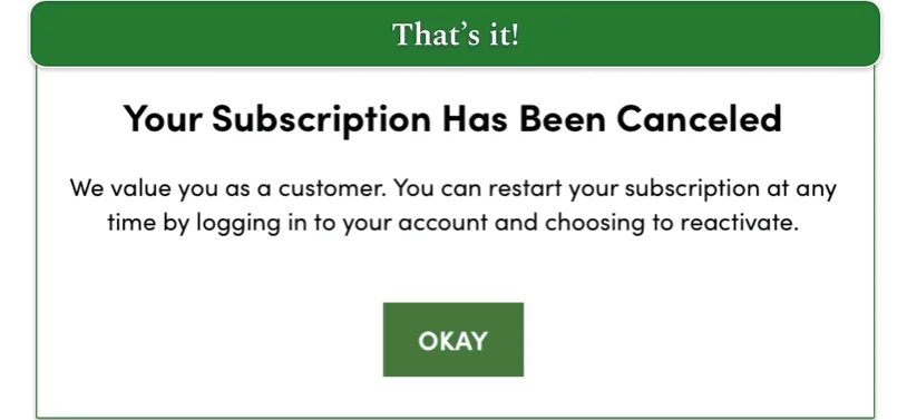 Cancelation confirmation message