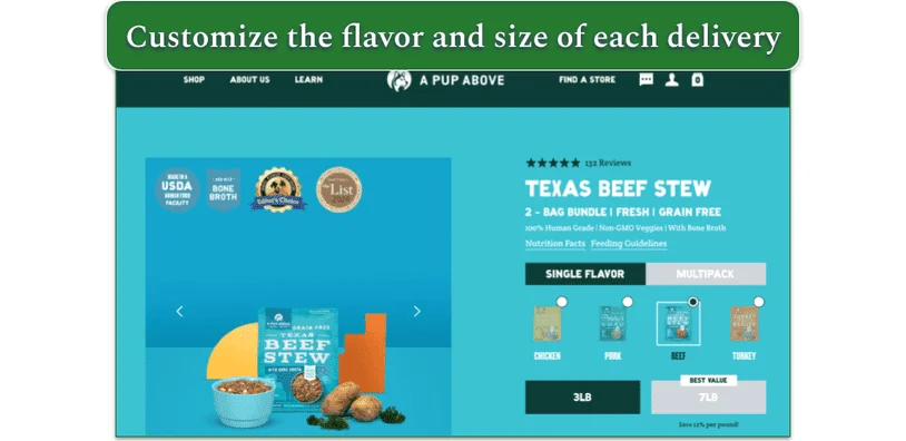 Screenshot of A Pup Above Texas Beef Stew order page