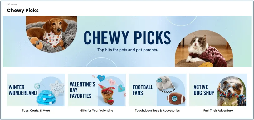 Screenshot of Chewy Picks on the Chewy website showing top items in categoriaes including Valentine's day and football fans
