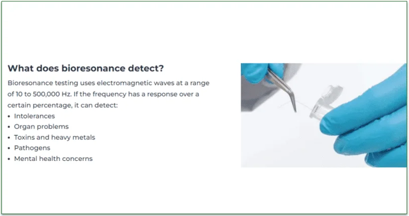 Image of a hair sample being removed from a sample pot and bullets about what bioresonance can detect