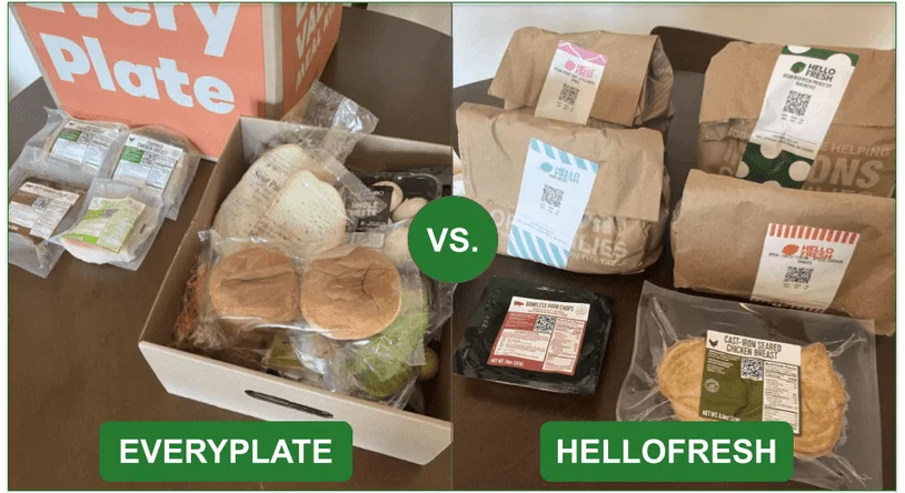 Comparison image of EveryPlate and HelloFresh's delivery box organization