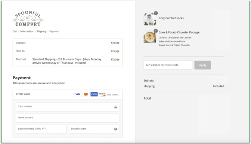Screenshot of Spoonful of Comfort's Billing Info page