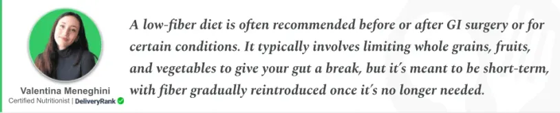 A quote from our certified nutritionist about the uses of a low-fiber diet