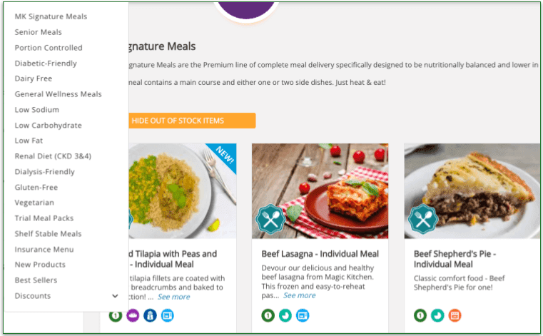 Screenshot of Magic Kitchen's meal filters