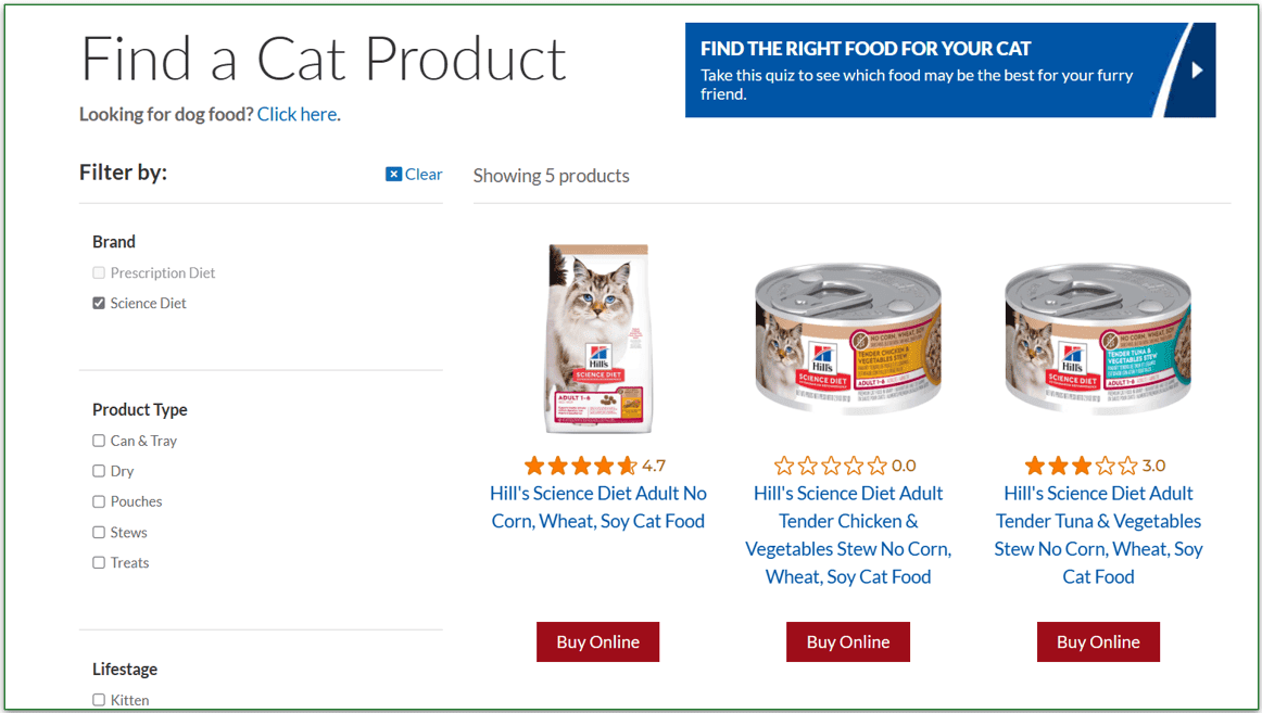 Screenshot of Hill's allergen friendly cat meals