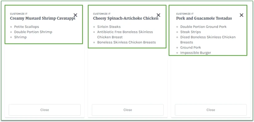 Screenshot of protein swapping lists for different recipes