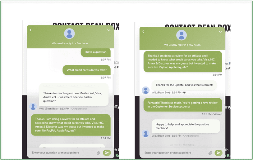 Bean Box’s live chat team is top-notch