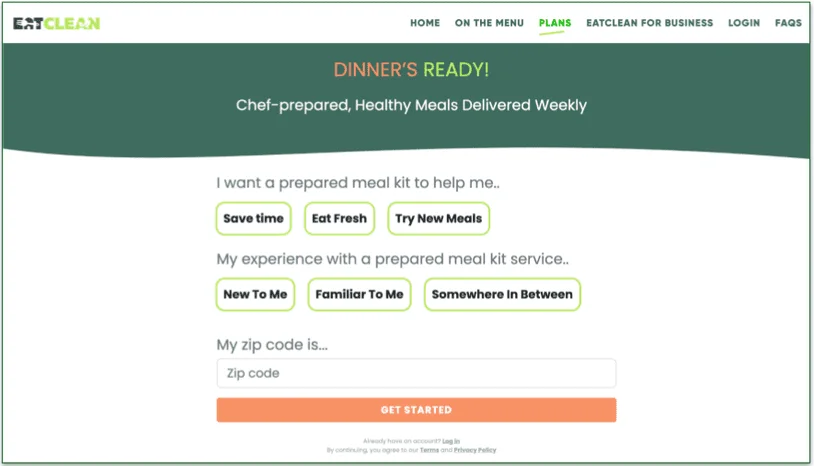 Screenshot of email address and zip code screen to start the sign up process