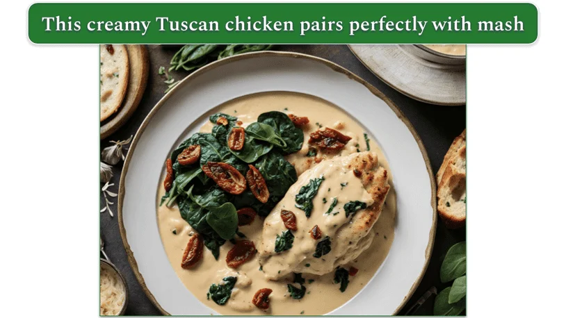 a plate featuring creamy tuscan-style chicken with spinach and sundried tomatoes