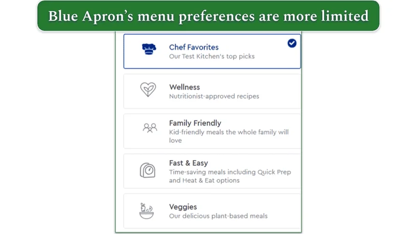 Screenshot of the Blue Apron meal preferences on the signup screen