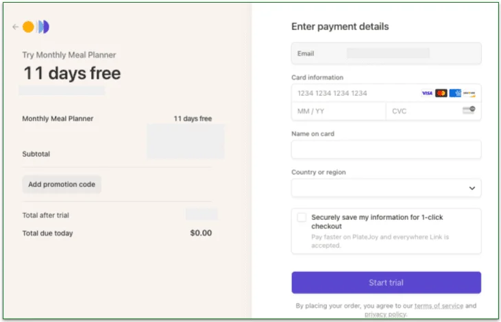 PlateJoy clearly shows charges and payment dates