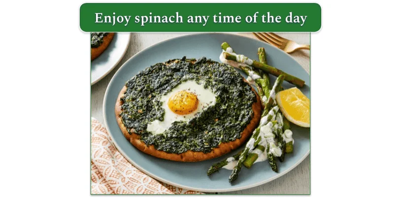 Blue apron baked spinach and egg flatbreads with sauteed asparagus and lemon aioli