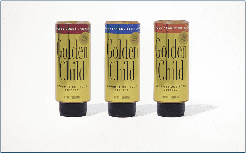 3 golden child drizzles in squeezy bottle packaging in a line