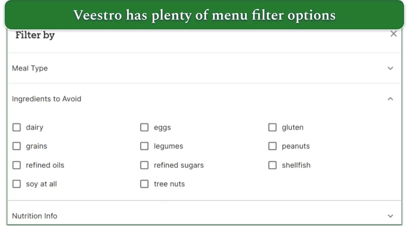 Screenshot of Veestro's filter options on its menu