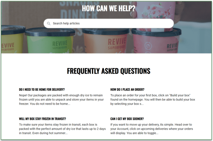 Revive Superfoods' FAQ page