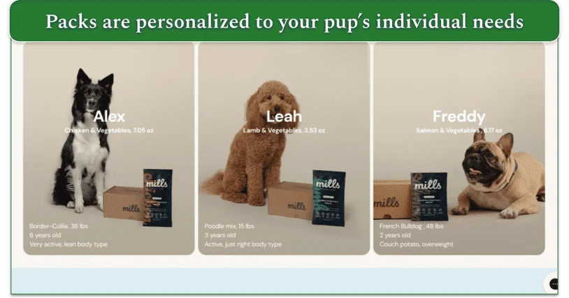 Screenshot from Mills website of 3 different dog breeds next to different size Mills packs with their basic details