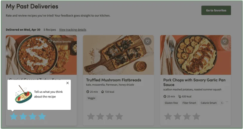 Green Chef's "My Past Deliveries" page