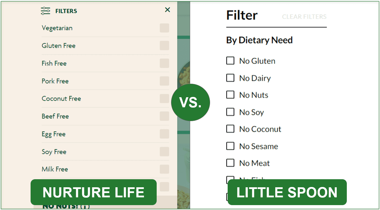 Comparison images of Nurture Life and Little Spoon's menu filters