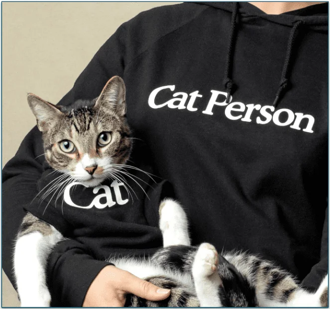 Image of a cat being held in someone's arms. The cat wears a sweater with "cat" written on it. The person wears a sweater with "cat person" written on it.