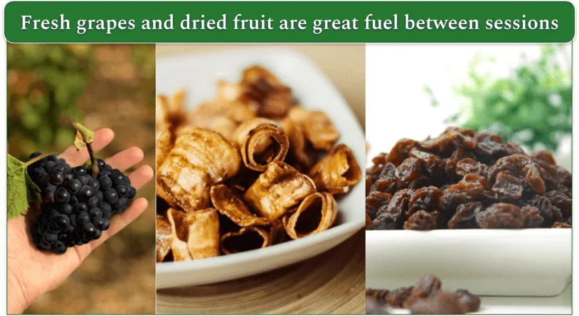 An image of fresh grapes, banana chips, and dried raisins from left to right