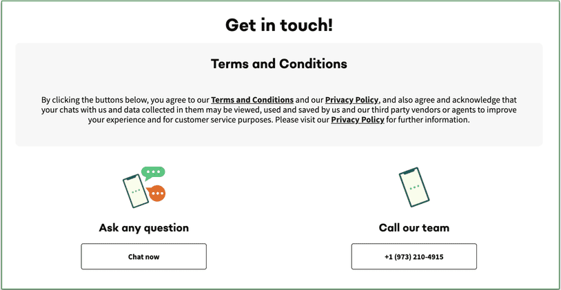 screenshot of everyplate's get in touch page with chat now and call our team options