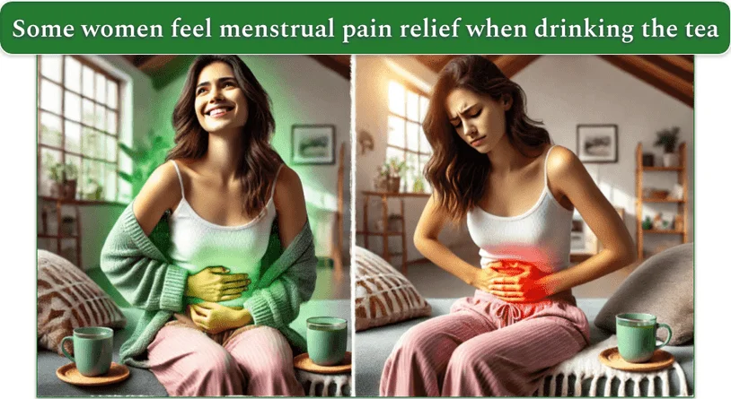 An image of 2 young women, one feeling a menstrual relief with the other still being in pain.