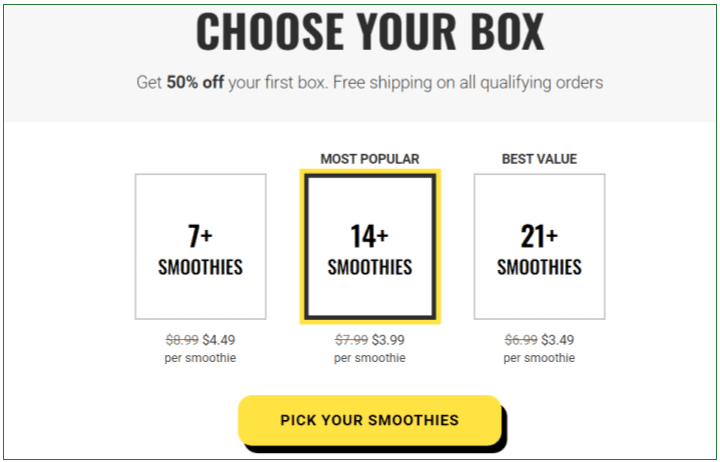 Prices for each box size and 50% discount savings