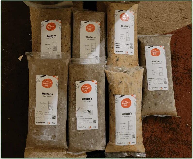 The Farmer’s Dog packaged meals labeled with Baxter’s name