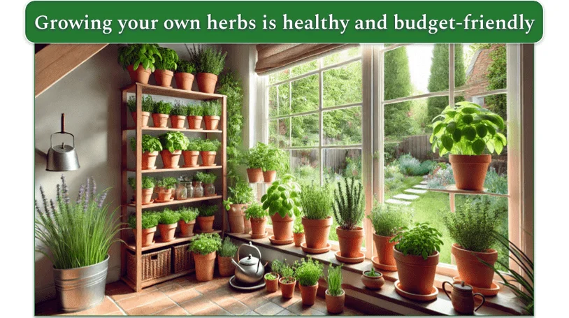 Herbs in pots on shelves by a window