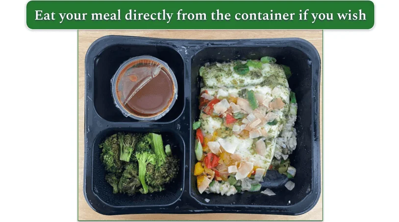 Hawaiian Barramundi and Black Bean Coconut Rice in the microwaveable container