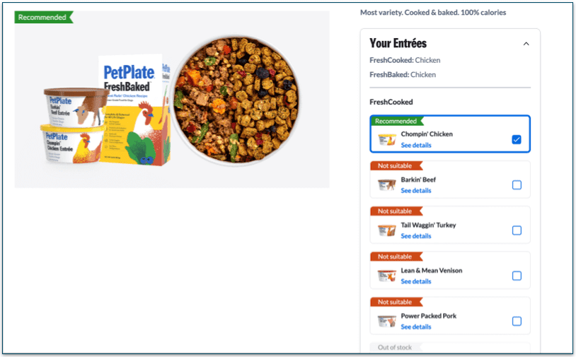 PetPlate's recommended entrees with swaps