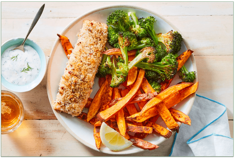 Marley Spoon's Pecan-Crusted Salmon with Sweet Potato Fries