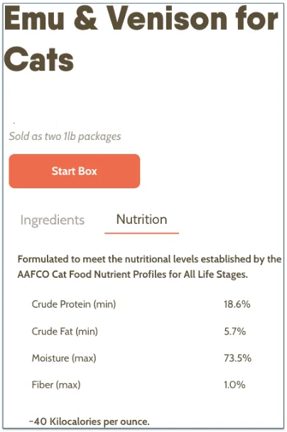 a screenshot of viva raw's guaranteed analysis for the Emu & Venison for Cats