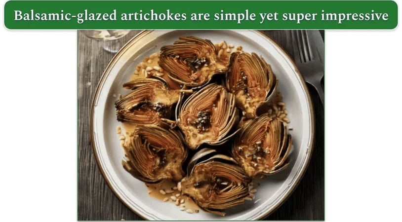 a roasted artichoke on a platter with a roasted lemon wedge and parsley