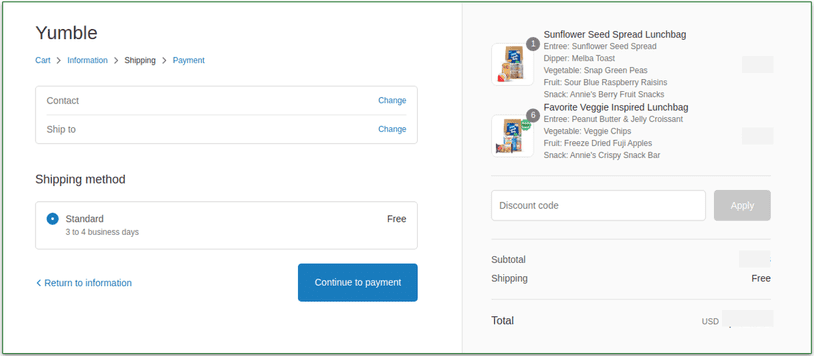 Yumble's Shipping section of the ordering process