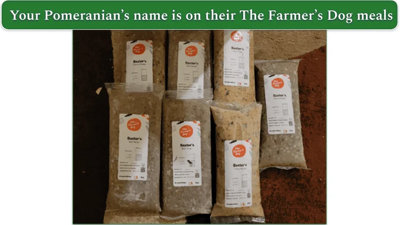 The Farmer’s Dog packaged meals labeled with Baxter’s name