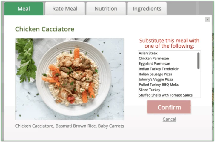Chicken Cacciatore meal with a list of substitution options provided in Diet-to-Go's customer account