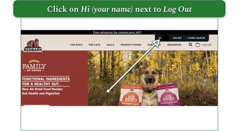 Redbarn's homepage with an arrow pointing to the button to click