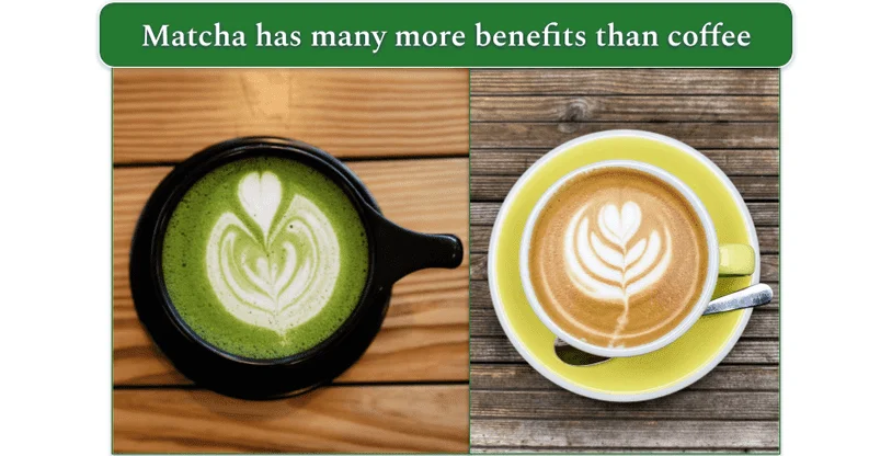 Side-by-side photos of a matcha latte and coffee latte