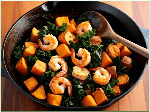 Sweet Potato, Kale, and Shrimp Skillet, freshly cooked