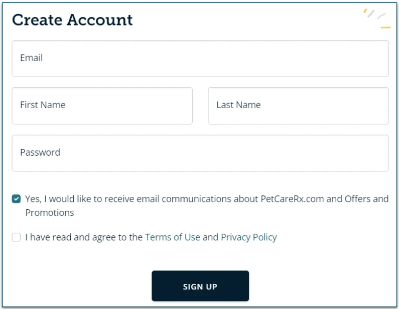 Image of the Create Account on PetCareRx