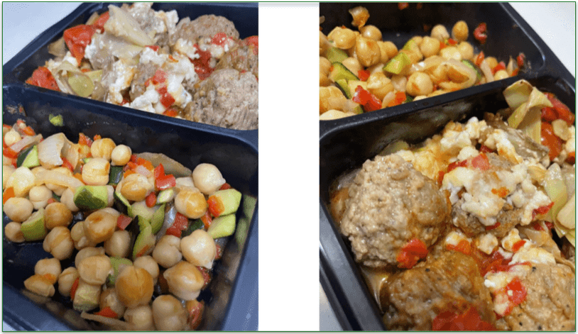 Photos showing the side dish of vegetables and the meatballs in the plastic tray